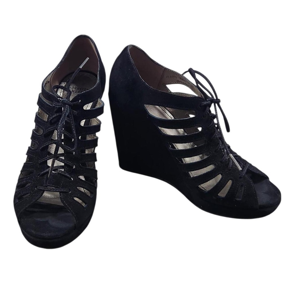 Suede Caged Lace-Up Wedge Sandals 7M Johnston & Murphy Black